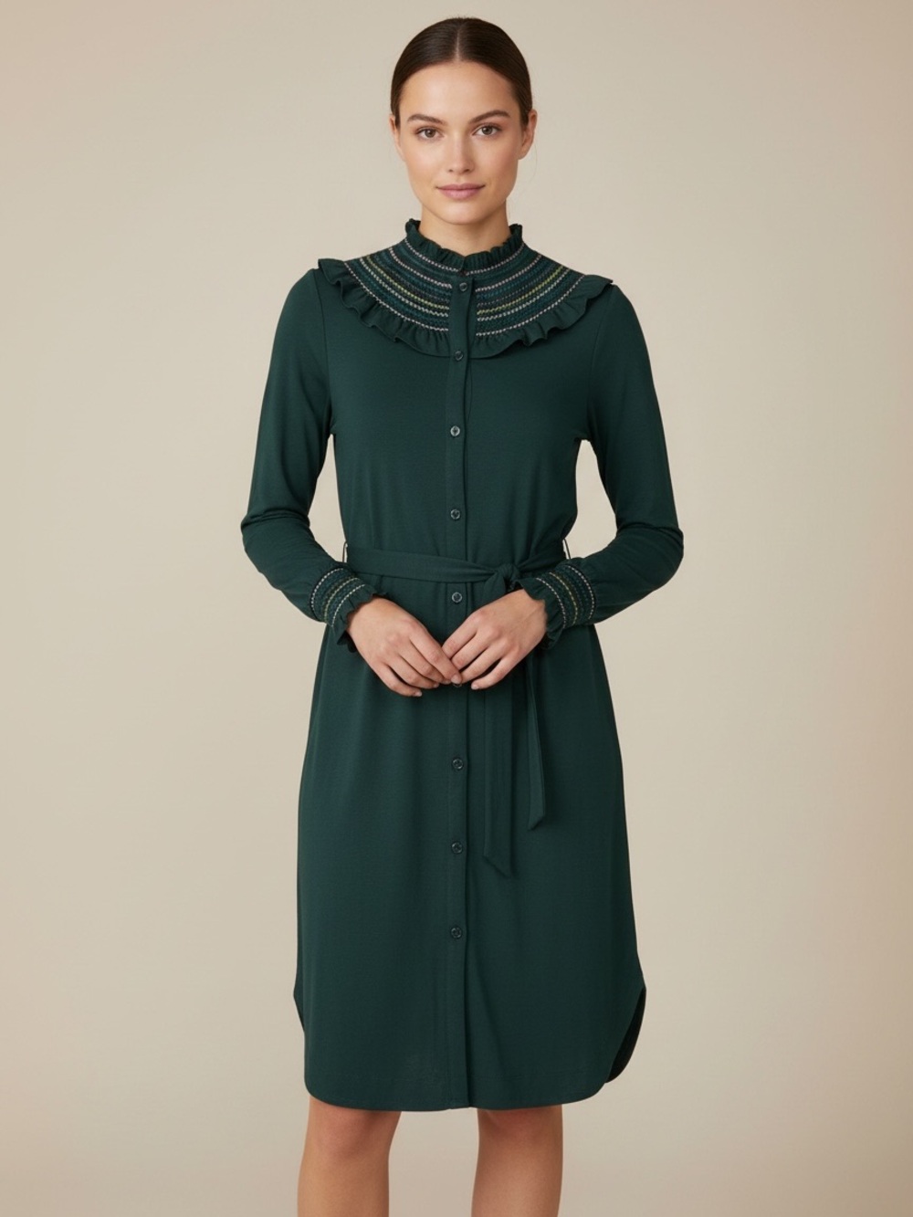 Boden Green Smocked Bib Collar  Jersey Knit Dress Size 4 Long Sleeve High Neck